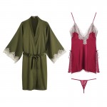 Guiruo Sexy Thin Silk Lace Cardigan Lace up Nightgown Bathrobe Suspended Nightgown Women's Home Suit Set 272