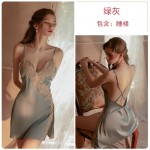 Guiruo Brand Sexy Deep V Lace Perspective Sexy Split Pajamas Open Back Suspended Dress Home Suit Set 1578