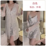 Guiruo Fresh Printed Ice Silk Sexy Pile Neck Open Back Suspended Sleeping Dress Mesh Outer Robe Home Suit Set 3777