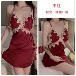 Guiruo Sexy Deep V Embroidery Lace Satin Sexy Open Back Pure Desire Sleeping Dress Loose Outer Robe Home Set 1203