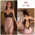 Guiruo Sexy Deep V Pure Lust Lace Ribbon Chest Cushion Casual Comfortable Sling Sleeping Dress Solid Color Home Suit Set 2621