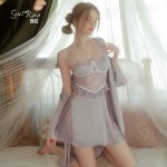 Guiruo Brand Sexy Hollow out Satin Lace Breast Pad Gathering Sleeping Dress Solid Color Robe Women's Home Set 3140