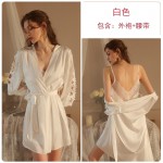 Guiruo Brand Long sleeved Lace Perspective Cardigan Deep V Suspended Dress Lace up Outer Robe Women's Home Furnishing Set 1906