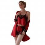 Guiruo Summer Sexy Ice Silk Splice Lace Suspender Top Shorts Outer Robe Women's Home Suit Set 19072