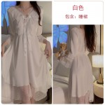 Ruo Ruo satin patchwork lace sexy deep V elastic waist slimming long sleeves can be worn externally on women's home nightgown P2798