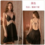 Guiruo Autumn New Fun Lingerie Sexy Satin Pajamas Women's Open Back Suspended Sleeping Dress Home Suit Set 1290