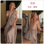 Guiruo Simple and Comfortable Wind Deep V Plus Chest Cushion Beautiful Back Seduction Satin Women's Suspender Sleeping Dress Home Suit Set Q2711