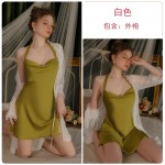 Guiruo Sexy Hanging Neck Lace Up Stacked Collar Open Back Seduction Split Cute Bow Sleeping Dress Outer Robe Set 3429