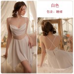 Guiruo Girl Solid Ice Silk Sling Sleeping Dress Pure Desire Mesh Perspective Temptation Sling Sleeping Dress Outer Robe Set 3254