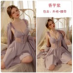 Guiruo Sexy Deep V Satin Lace and Chest Pad Mesh Perspective Backless Nightwear Outer Robe Women's Home Furnishing J3134