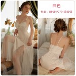 Guiruo Spring/Summer Sexy Ice Silk Long Pajamas with Chest Pads Gathered Strap Sleepwear Women's Home Furnishing Set J2792