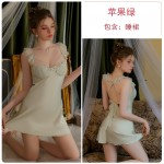 Guiruo Satin Lace and Chest Cushion V-neck Beautiful and Fresh Flying Sleeves Lace up Sleeping Dress Outer Robe Home Suit Set J3336