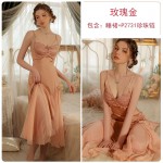 Guiruo Spring/Summer Sexy Ice Silk Long Pajamas with Chest Pads Gathered Strap Sleepwear Women's Home Furnishing Set J2792