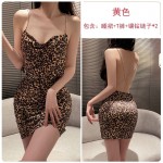 Guiruo Sexy Deep V Hot Open Back Seduction Small Leopard Pattern Slim Fit Wrap Hip Strap Sleeping Dress Home Suit Set 3203