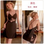 Guiruo Satin Perspective Lace Deep V with Chest Pads Sexy Open Back Suspended Sleeping Dress Outrobe Home Fur Set 2744