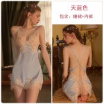 Ruo Ruo Sexy Backless Temptation Strap Solid Ice Silk Pure Desire Wind Lace Suspender Sleeping Dress Home Suit Set 966