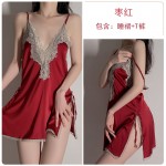 Guiruo Sexy Deep V Lace Satin Nightwear Split Seduction Sling Sleepwear Lace up Outer Robe Home Suit Set 272