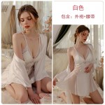 Guiruo Sexy Satin Patchwork with Transparent Lace Chest Pads Cross Back Seduction Sleeping Skirt Outer Robe Home Set 3337