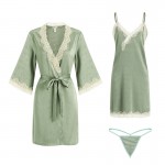 Guiruo Brand Sexy Deep V Lace Satin Suspended Nightgown Lace up Nightgown Women's Two Piece Home Furnishing Set 808