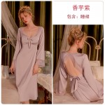 Guiruo Brand Comfortable Sexy Open Back Deep V Satin Lace Long Breast Cushion Sleeping Dress Women's Home Furnishing Set W2211