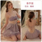 Guiruo Sexy Backless Temptation Ice Silk Pajamas with Chest Pads, Suspended Skirt, Mesh Outer Robe, Home Suit Set J3182