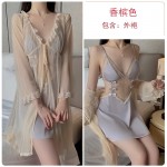 Guiruo Sexy Backless Temptation Ice Silk Pajamas with Chest Pads Gathered Strap Sleeping Skirt Outer Robe Home Suit Set 1667