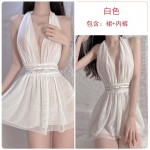 Guiruo Fun Underwear Deep V Open Front Sexy Open Back Perspective Mesh Skirt Hanging Neck Sleeping Dress Home Suit 630