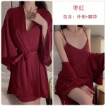 Guiruo Sexy Deep V Cross Back Slim Fit Satin Light Luxury Suspended Sleeping Dress Outer Robe Women's Home Suit Set 1320