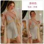 Guiruo Satin Deep V Lace and Chest Cushion Perspective Lace up Seduction Split Sleeping Dress Outer Robe Home Suit Set 2726