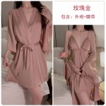 Guiruo Sexy Lace Perspective Attraction with Chest Pads Gathered Large Hanging Strap Sleeping Dress Outer Robe Home Suit Set 1690