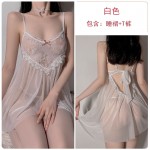 Guiruo Fun Underwear Sexy Deep V Lace Up Open Back Pajamas Mesh Transparent Suspended Nightwear Home Suit Set 752