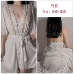 Guiruo Summer Thin Ice Silk Pajamas Women's Sexy Deep V Lace Open Back Pajama Dress Home Suit Set 1216