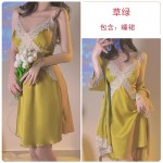 Ruo Ruo Solid Satin Cross Lace Sexy Plus Chest Cushion Suspender Sleeping Dress Simple Outer Robe Women's Home Set 3789