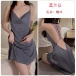 Guiruosi Smooth Satin Face Simple Slim Fit Stacked Collar Open Back Temptation Sling Sleeping Dress Outer Robe Home Suit Set 1571