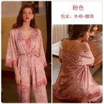 Guiruo Sexy Women's Ice Silk Suspender Pants Pajamas Robe Leopard Pattern Casual Deep V Backless Home Suit Set 2269