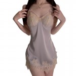 Guiruo Satin Lace Perspective Hollow Out with Chest Cushion Deep V Sexy Backless Nightgown Outrobe Home Suit Set 1048