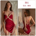 Guiruo Brand Sexy Nightwear Women's Velvet Chest Cushion Suspender Sleepwear Lace Split Drawstring Home Suit Set 1526