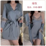 Guiruo Sexy Perspective Mesh Deep V Temptation Satin Pure Desire Sling Sleeping Dress Outer Robe Women's Home Fur Set 1984