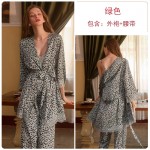 Guiruo Sexy Women's Ice Silk Suspender Pants Pajamas Robe Leopard Pattern Casual Deep V Backless Home Suit Set 2269