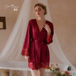 Ruo Ruo Lazy Wind Satin Lace Open Deep V Temptation Lace Comfortable Slim Fit Women's Homewear Nightgown 19183