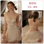 Guiruo Sexy Deep V Hollow Chest Cushion Lace Perspective Sweet Temptation Sleeping Dress Lace Up Outer Robe Home Set J3179