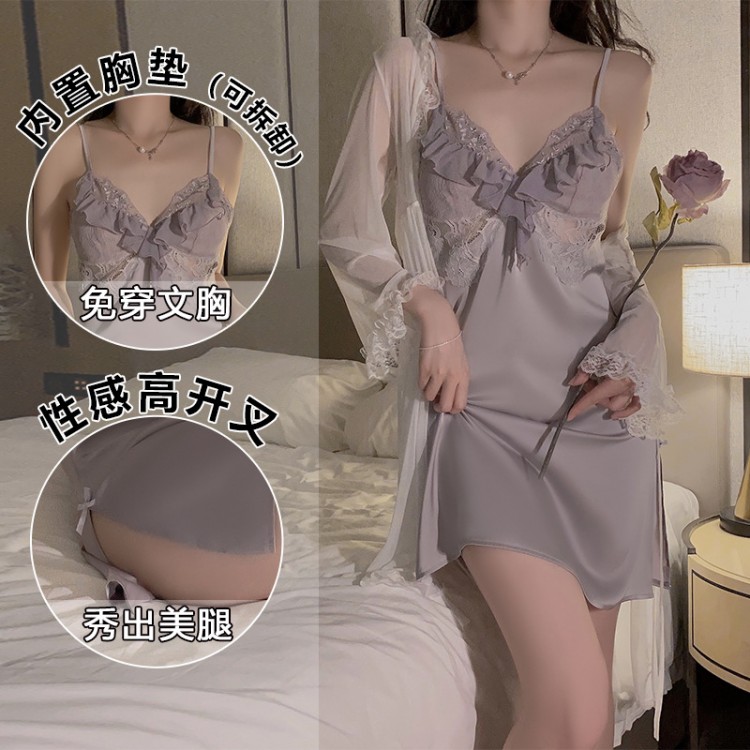 Guiruo Satin Face with Chest Pad Splice Lace Hot Backless Cross Strap Temptation Sleeping Dress Outrobe Set J2708