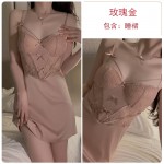 Guiruo Sexy Perspective Lace Low cut V-neck with Chest Pad Hollow out Satin Sleeping Dress Outer Robe Home Suit Set J3579