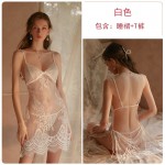 Guiruo Fun Underwear Sexy Deep V Lace Pajamas Women's Backless Temptation Sling Sleeping Dress Home Suit Set 1581