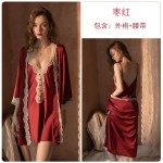 Guiruo Brand Deep V Lace Comfortable Pajamas Women's Satin Open Back Slim Sleeping Dress Home Suit Set 892