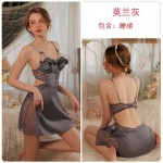 Guiruo Sexy Deep V with Chest Cushion Hollow Through Yarn Attractive Gathering Sleeping Skirt Simple Outer Robe Home Women's Set P3143