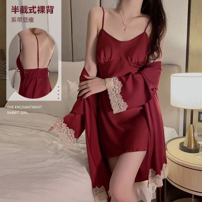 Guiruo Lingerie Summer Solid Color Ice Silk Waist Slim Lace Up Fold Suspended Sleeping Dress Outer Robe Home Set 1517