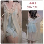 Guiruo Pure Desire Sweet Lace Satin Sexy Lace Split and Chest Cushion Sleeping Dress Outer Robe Home Suit Set 2726