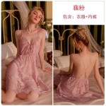 Guiruo Brand Sexy Lace Perspective Deep V Suspended Sleeping Dress Lace Loose Outer Robe Large Homewear Set 311