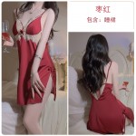 Guiruo Sexy Deep V Sweet Lace Satin Face with Breast Pads Pure Desire Split Sleeping Dress Outer Robe Home Furnishing Set 2726